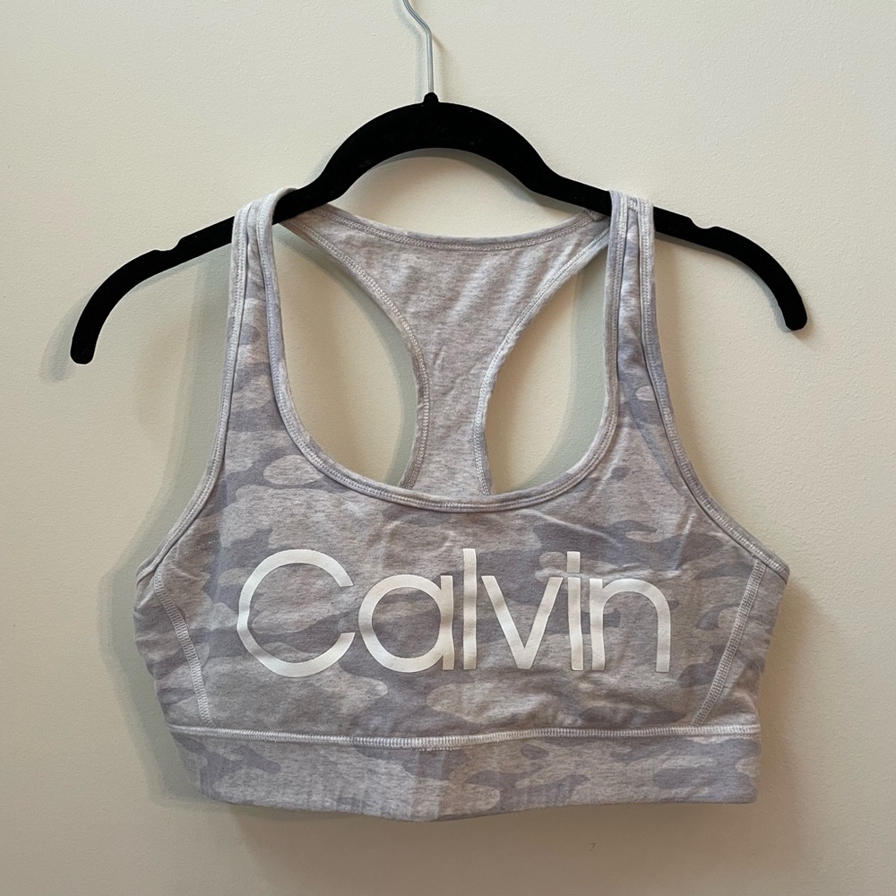 Calvin Klein: Heather Gray and Blue Camo Sports Bra